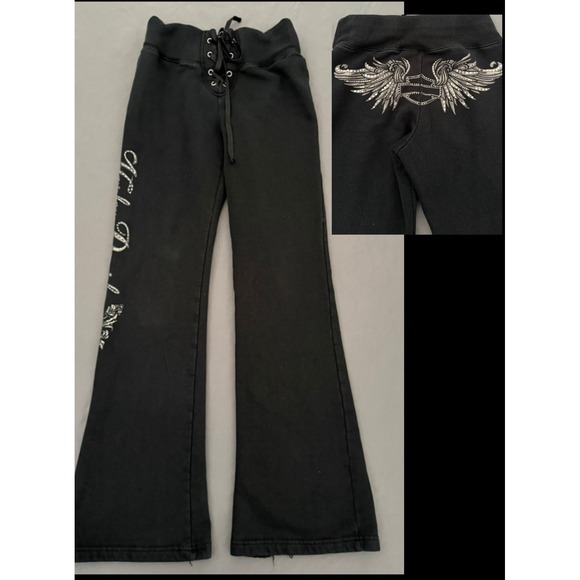 Harley-Davidson Pants - Harley-Davidson Sweatpants Womens Small Black Flare Lounge Graphic Y2K 2000s